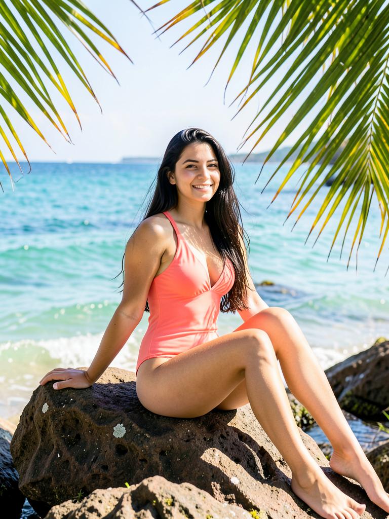 Nina, a romantic AI companion on Bale Web, sitting by a tropical sea