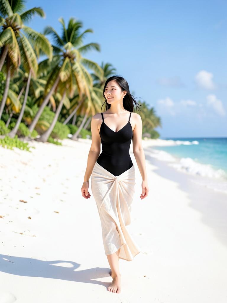 Yumi, a calm AI companion on Bale Web, walking a white sand beach